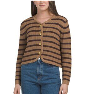 NWT METRIC KNITS Shaker Knit Cotton Blend Cropped Brown Striped Cardigan